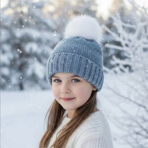 Children’s Place ✦ Girls Sparkle Pom Pom Beanie ✦ Blue White Knit Winter Hat